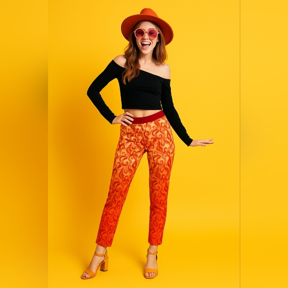 True Royal Ombre Brocade Pants Red Orange Flame Print Pants - Picture 2 of 13